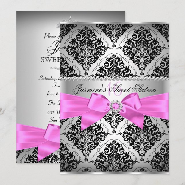 Pretty Pink Black Damask Sweet 16 Invitation (Front/Back)