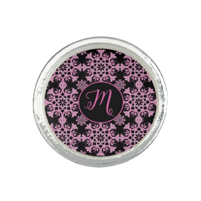 Pretty Pink Black Floral Leaves Filigree Monogram  Ring (Front)