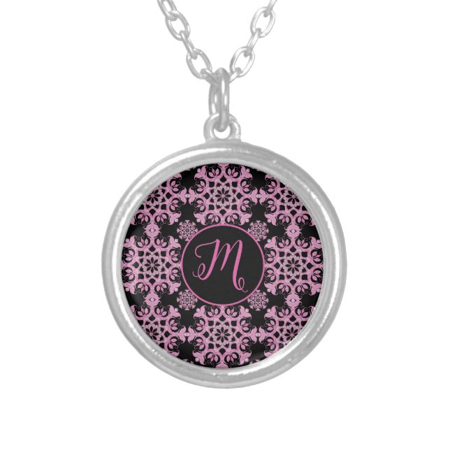 Pretty Pink Black Floral Leaves Filigree Monogram  Silver Plated Necklace (Front)
