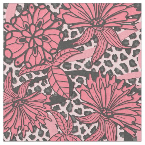 Pretty Pink Black Floral Leopard Print Pattern Fabric