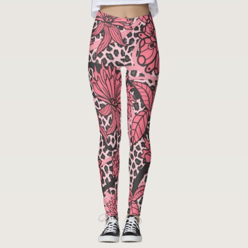 Pretty Pink Black Floral Leopard Print Pattern Leggings