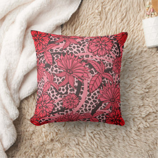 Pretty Pink Black Floral Leopard Print Pattern Throw Pillow