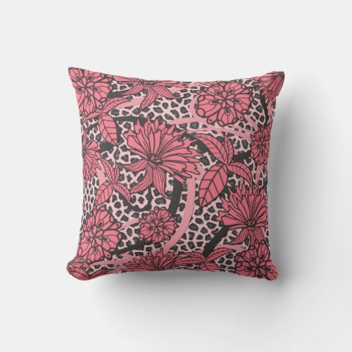 Pretty Pink Black Floral Leopard Print Pattern Throw Pillow
