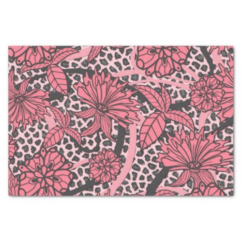 Pretty Pink Black Floral Leopard Print Pattern Tissue Paper
