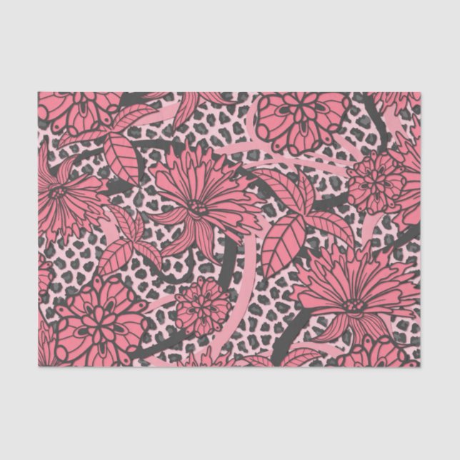 Pretty Pink Black Floral Leopard Print Pattern Tissue Paper (Front)