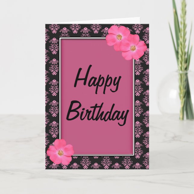 Pretty Pink & Black Flowers Happy Birthday Card (Front)