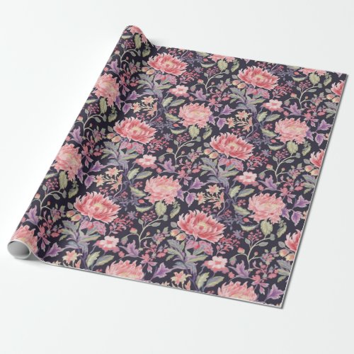 Pretty pink black flowers pattern wrapping paper