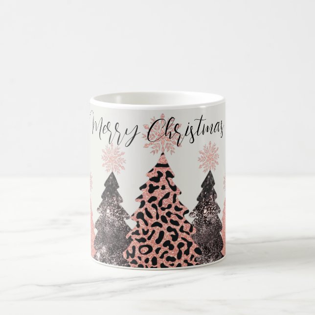 Pretty Pink Black Merry Christmas Trees Holiday Coffee Mug (Center)