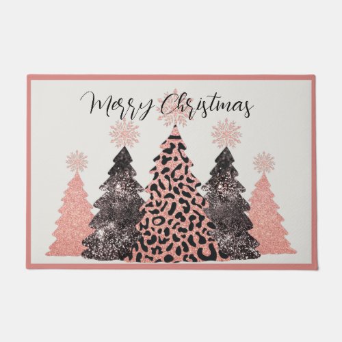 Pretty Pink Black Merry Christmas Trees Holiday Doormat