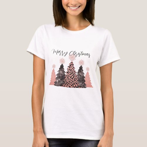 Pretty Pink Black Merry Christmas Trees Holiday T_Shirt