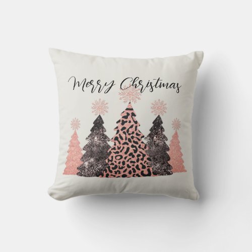 Pretty Pink Black Merry Christmas Trees Holiday Throw Pillow