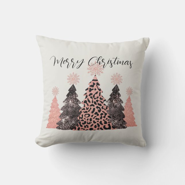 Pretty Pink Black Merry Christmas Trees Holiday Throw Pillow (Front)