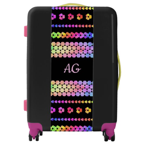 Pretty Pink Black Rainbow Pattern Womens Monogram Luggage