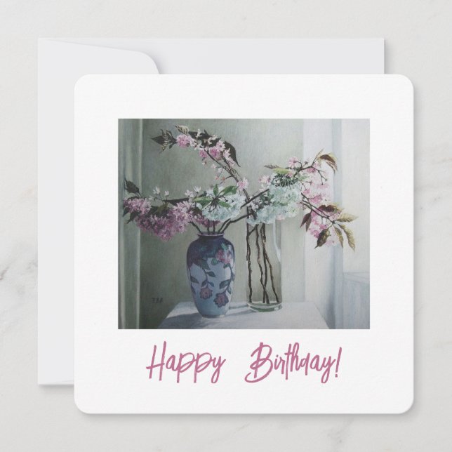 Pretty pink blossom floral art happy birthday card (Front)