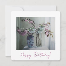 Pretty pink blossom floral art happy birthday card
