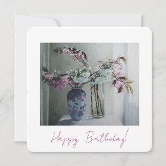 Pretty pink blossom floral art happy birthday card