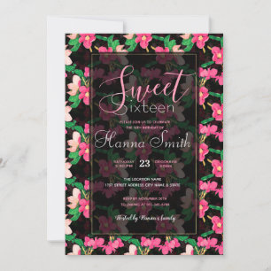 Pretty Pink Blossom Flowers Paint Black Design Invitation