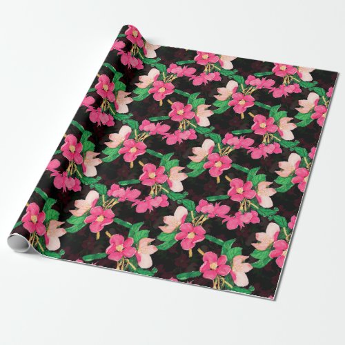 Pretty Pink Blossom Flowers Paint Black Design  Wrapping Paper