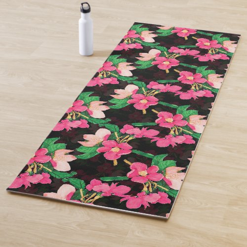 Pretty Pink Blossom Flowers Paint Black Design  Yoga Mat