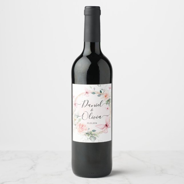 Pretty Pink Blue Butterfly Monogram Wine Label (Front)