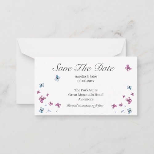 Pretty Pink Blue Butterfly Save the Date Card