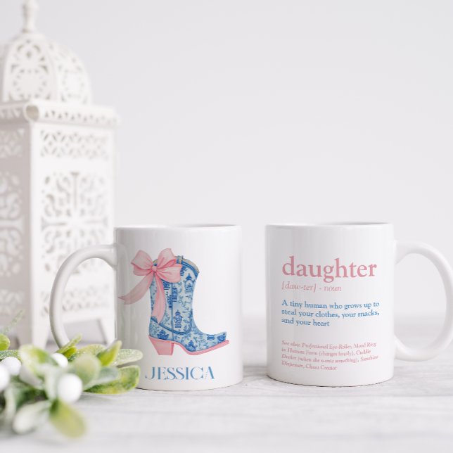 Pretty Pink & Blue Chinoiserie Bow Daughter Coffee Mug (Pretty and sassy this mug is two sided to give a funny definition of a daughter and a pretty image)