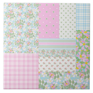 Pretty Pink Blue Dog Roses Faux Patchwork Ceramic Tile
