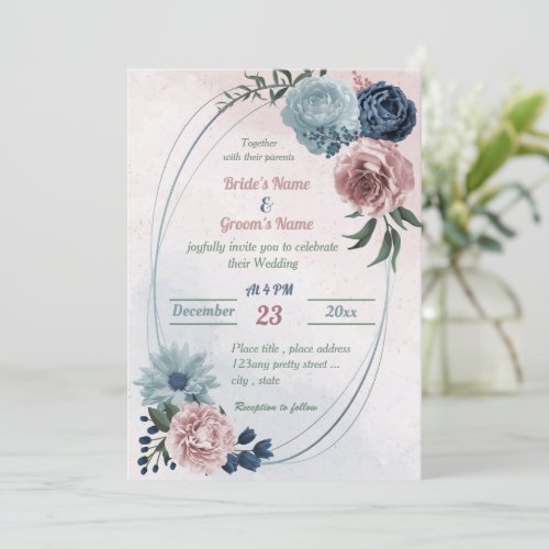 pretty pink blue floral greenery geometric wedding invitation