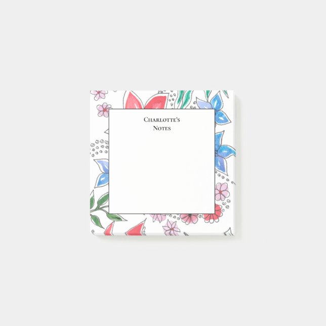 Pretty Pink Blue Floral Name Back to School Post-it Notes (Front)