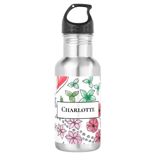 Pretty Pink Blue Floral Name Back to School Stainless Steel Water Bottle
