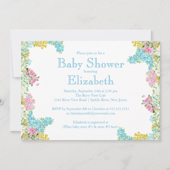 Pretty Pink Blue Floral Neutral baby Shower Invitation (Front)