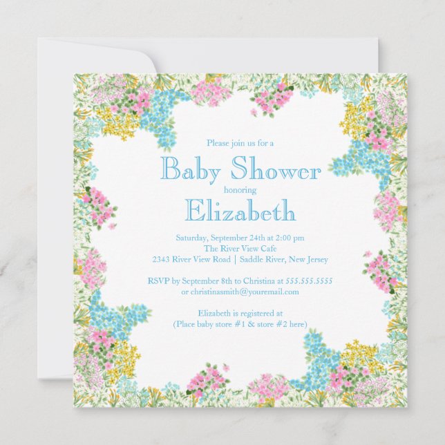 Pretty Pink Blue Floral Neutral baby Shower Invitation (Front)