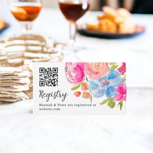 Pretty pink blue floral watercolor bridal registry enclosure card