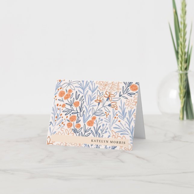 Pretty Pink Blue Flower Pattern Personalized Letterpress Thank You Card (Front)