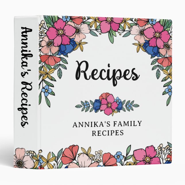 Pretty Pink Blue Flowers Add Name Recipes 3 Ring Binder (Front/Spine)