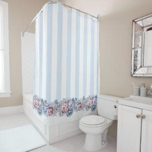 Pretty Pink & Blue Flowers & Stripes Shower Curtain