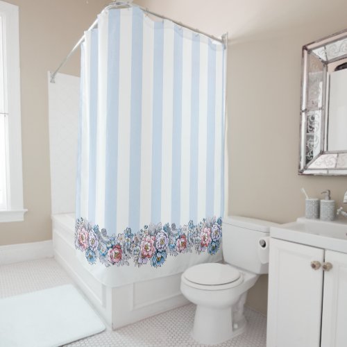 Pretty Pink  Blue Flowers  Stripes Shower Curtain