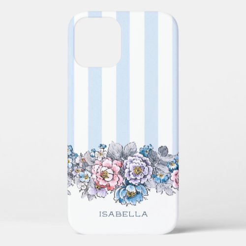 Pretty Pink  Blue Flowers  Stripes wName iPhone 12 Case