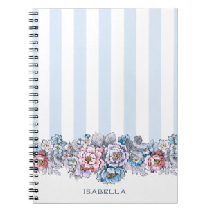 Pretty Pink & Blue Flowers & Stripes w/Name Notebook