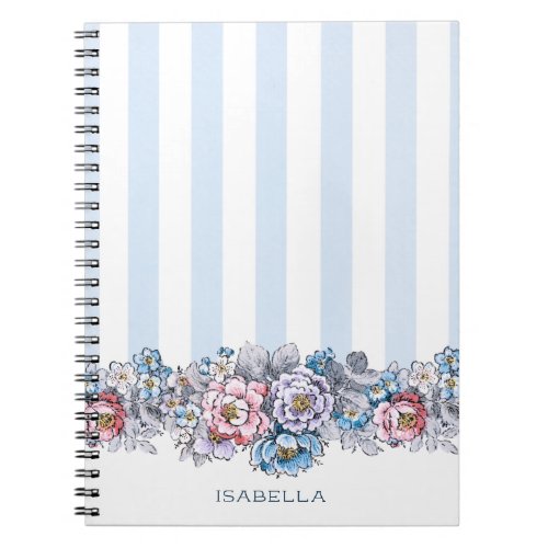 Pretty Pink  Blue Flowers  Stripes wName Notebook