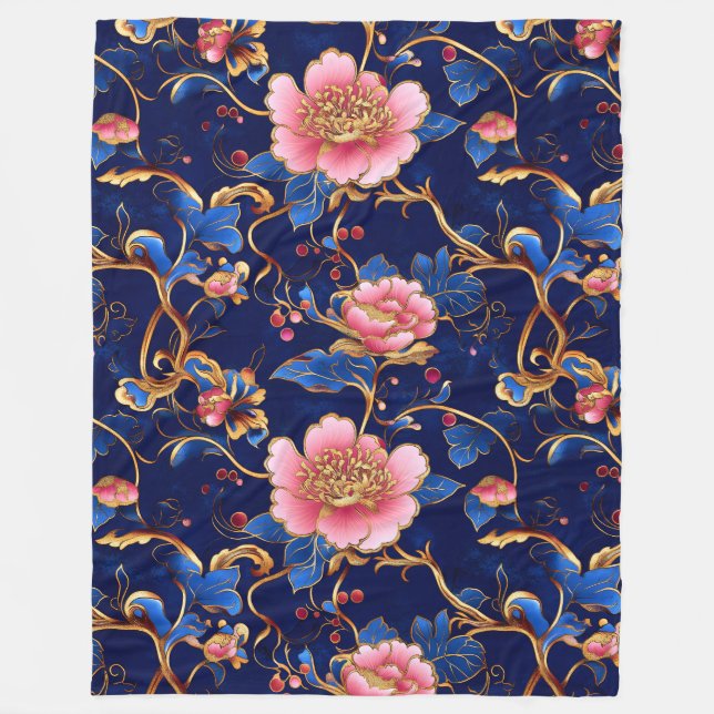 Pretty pink blue gold floral fleece blanket (Front)