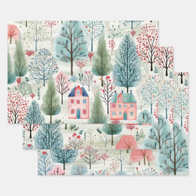 Pretty Pink Blue Green Village Trees Wrapping Paper Sheets (Set)