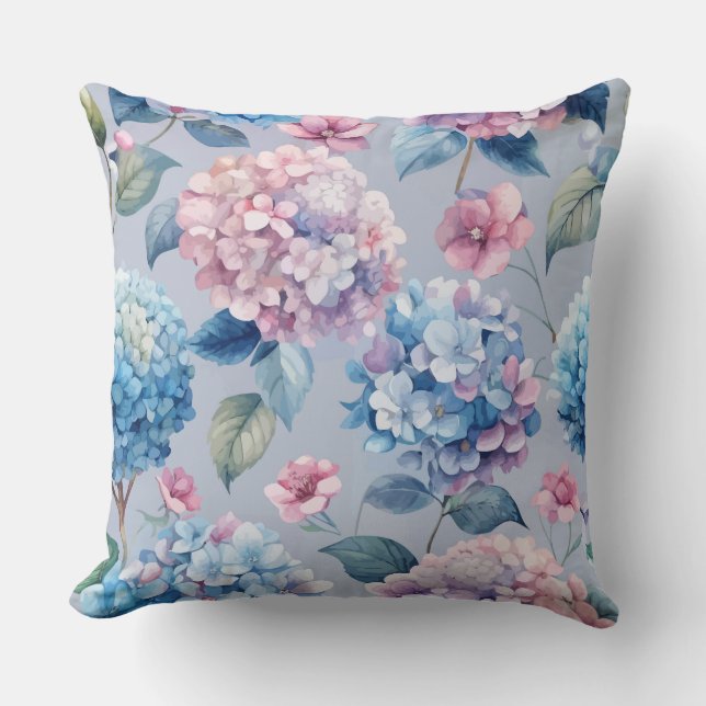 PRETTY PINK & BLUE HYDRANGEA FLORAL BLOOMS THROW PILLOW (Front)