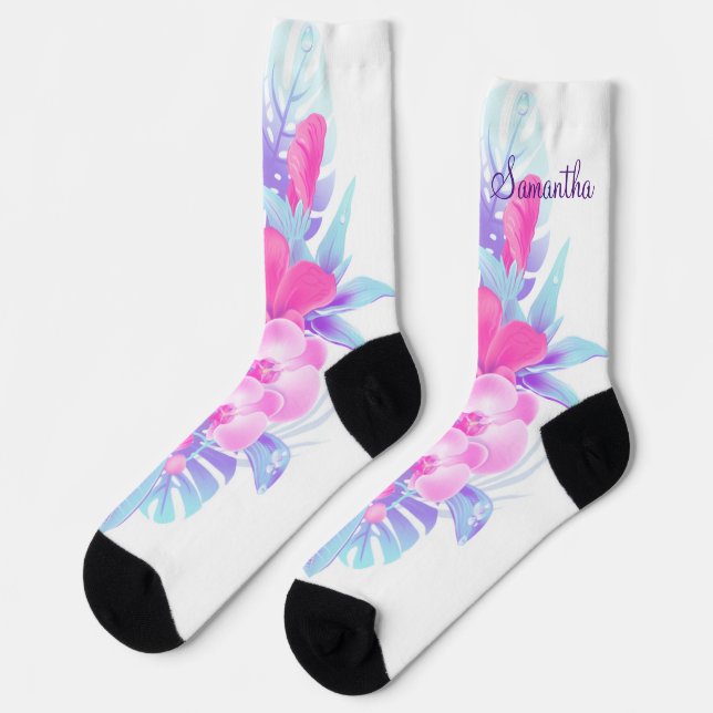 Pretty Pink Blue Purple Floral Tropical Socks (Left)