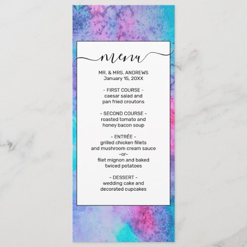 Pretty Pink Blue Purple Salty Watercolor Art Menu