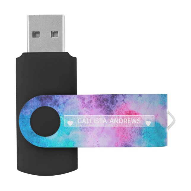 Pretty Pink Blue Purple Salty Watercolor Monogram Flash Drive (Opened)