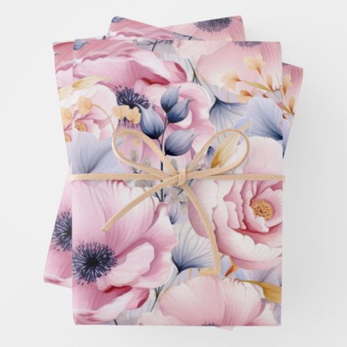 Pretty Pink  Blue Spring Florals Wrapping Paper Sheets