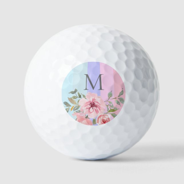 Pretty Pink Blue Stripe Monogram Floral  Golf Balls (Front)
