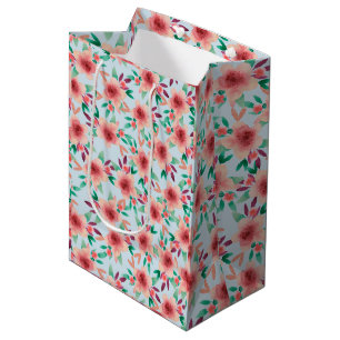 Pretty Pink Blue Watercolor Floral Pattern Medium Gift Bag