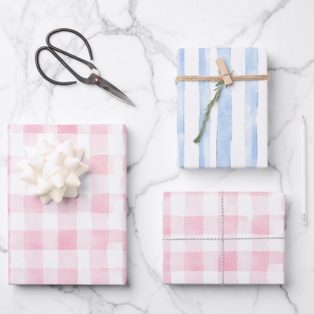 Pretty Pink Blue White Plaid Stripes Bridal Shower Wrapping Paper Sheets (Front)